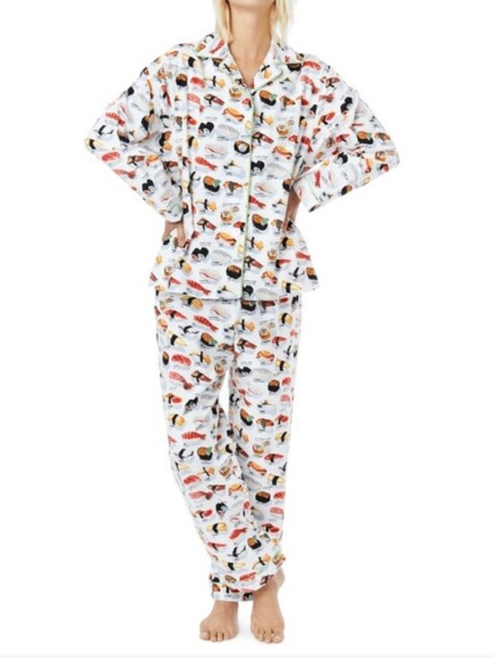 The Cat'S Pajamas Other - Women’s White Sushi Print Pajama Set - Classic Button-Down flannel 1x